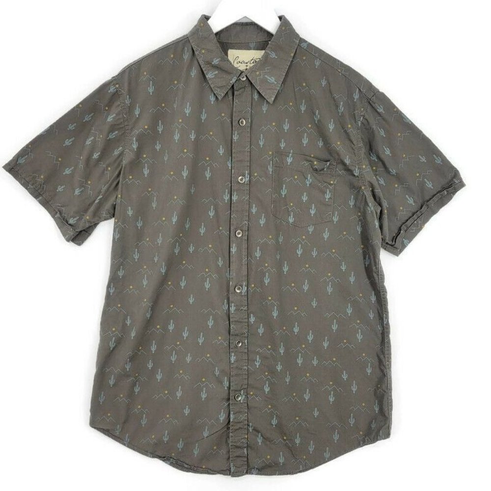 Coastal Button Up Shirt Gray Cactus Mountain Novelty Print Short Sleeve Mens L
